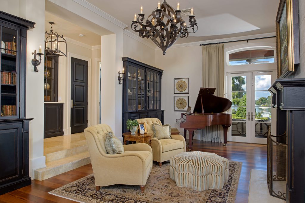piano lounge Lakeside Tudor Revival project by splending home design